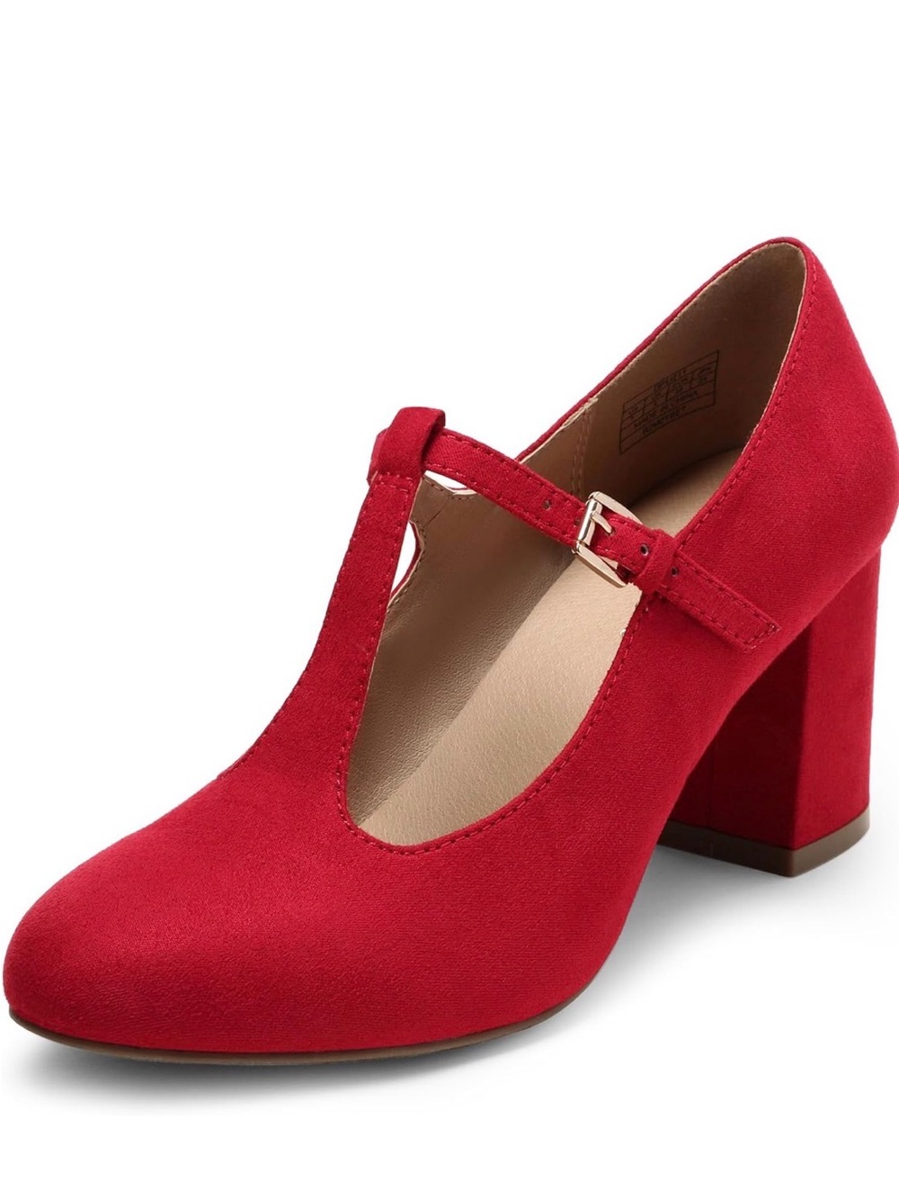 Women's Red T-Strap Block Heel Pumps